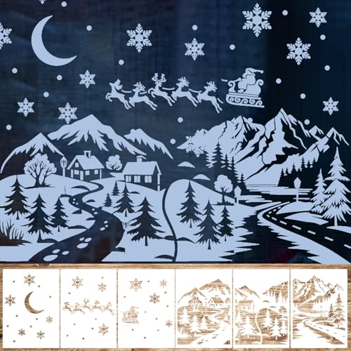 Leinuosen 6 Pcs Large Christmas Window Stencils Reusable 354 x 33 Inches Winter Village Reindeer Santa Claus Drawing Templates for Painting Spraying Window Glass Door Xmas Crafts Decoration - Image 1