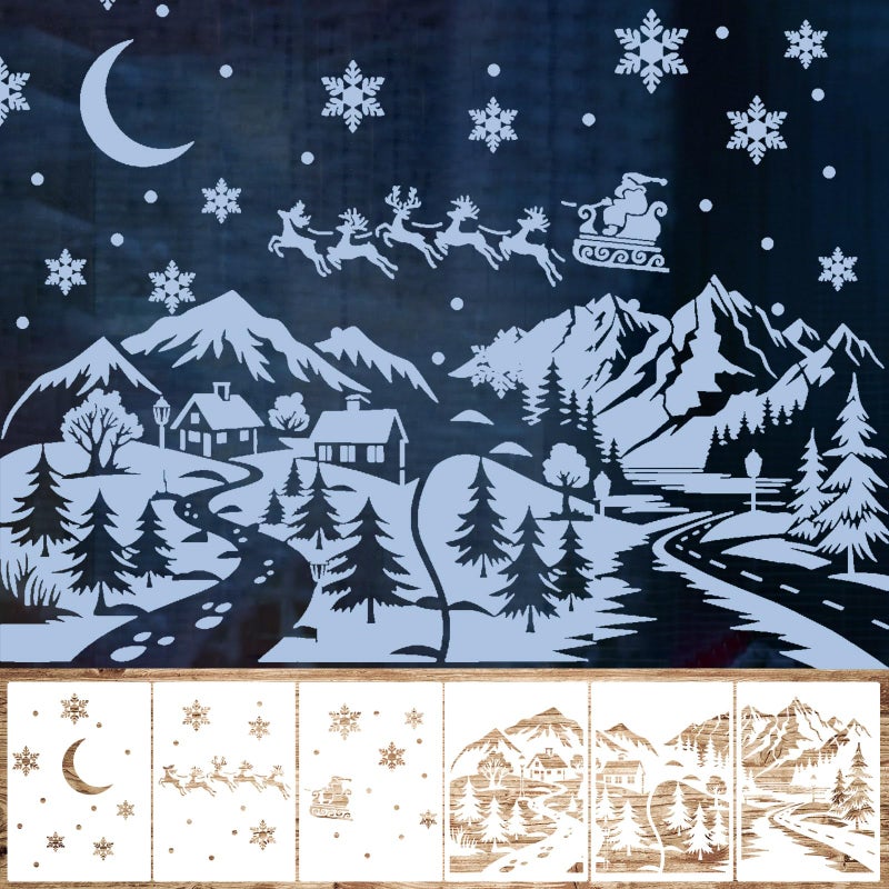 Leinuosen 6 Pcs Large Christmas Window Stencils Reusable 354 x 33 Inches Winter Village Reindeer Santa Claus Drawing Templates for Painting Spraying Window Glass Door Xmas Crafts Decoration - Image 2