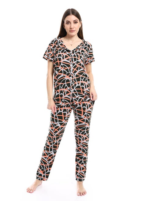 Women Pajama Set With Pants And Button Design