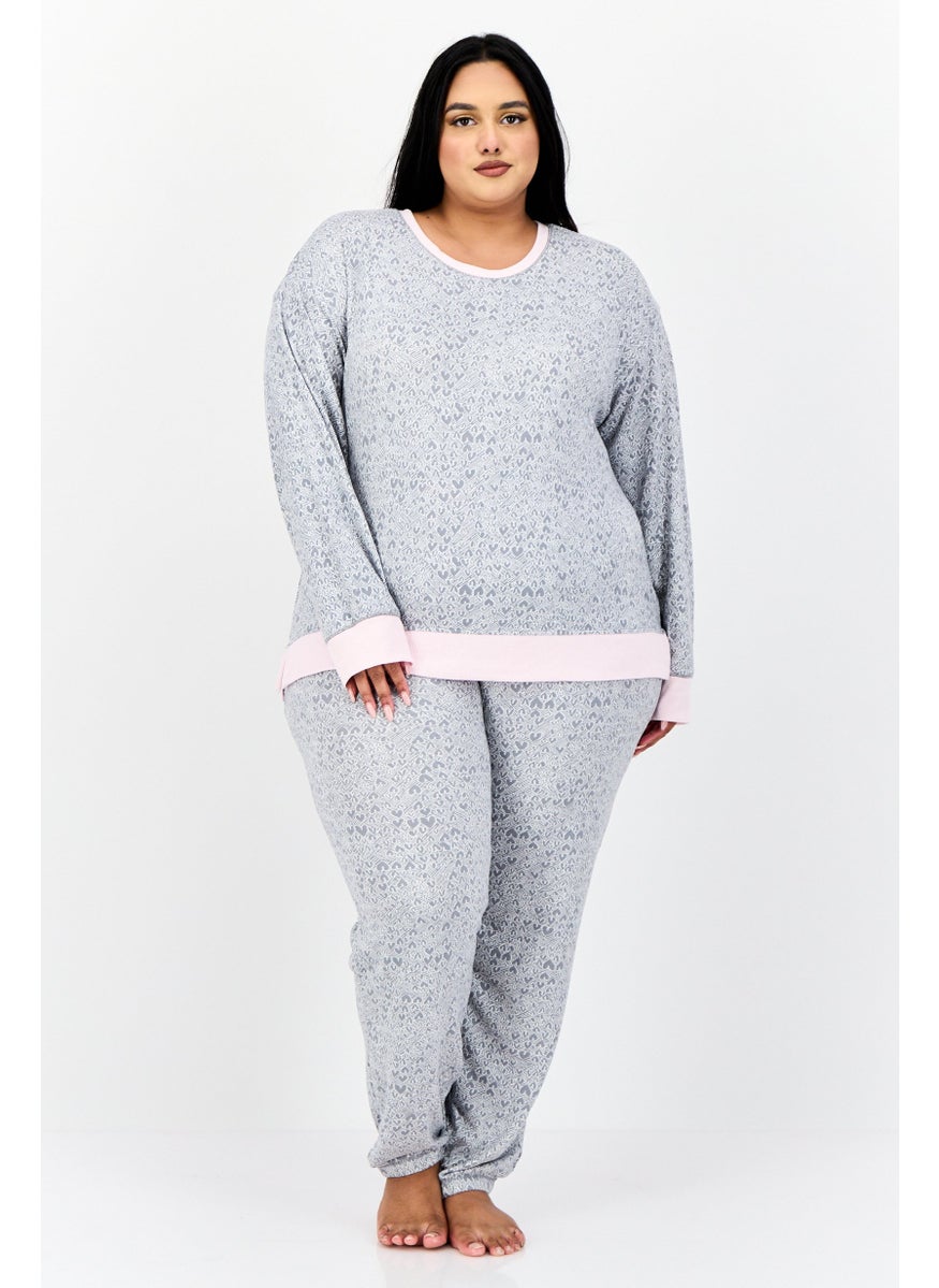 Kensie Women Plus Size 2Pc Set Allover Print Pajama, Grey  - Image 1