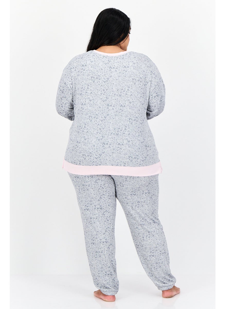 Kensie Women Plus Size 2Pc Set Allover Print Pajama, Grey  - Image 4