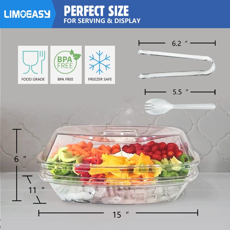 LIMOEASY Chilled Veggie Tray, 15 Inch Clear Party Platter with 4 Compartments, Ice Serving Bowl with Lid, Cold Food Buffet Server for Fruit, Vegetable, Appetizer, Shrimp - Image 3