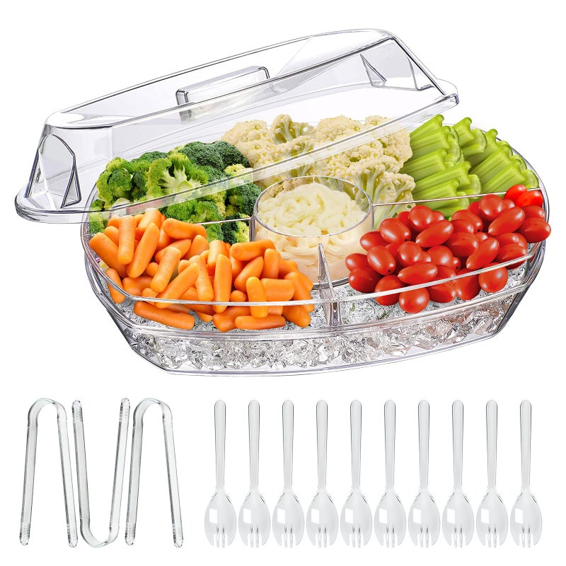 LIMOEASY Chilled Veggie Tray, 15 Inch Clear Party Platter with 4 Compartments, Ice Serving Bowl with Lid, Cold Food Buffet Server for Fruit, Vegetable, Appetizer, Shrimp - Image 1