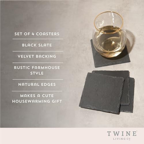 Twine Square Slate Coasters, Modern Square Coasters, Slate with Velvet Backing, Protect Tables and Surfaces, Black, Set of 4 - Image 2