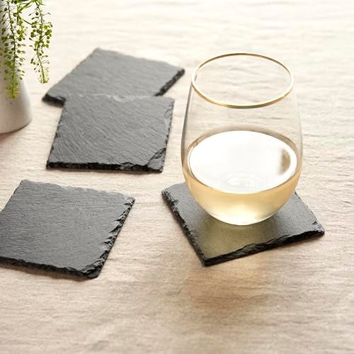 Twine Square Slate Coasters, Modern Square Coasters, Slate with Velvet Backing, Protect Tables and Surfaces, Black, Set of 4 - Image 5