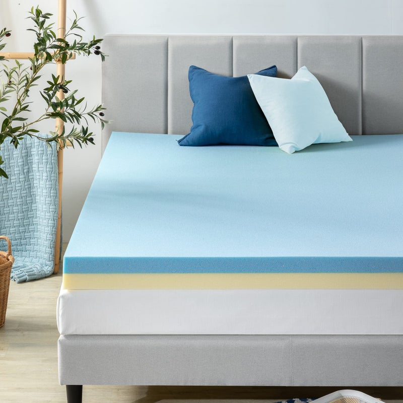 ZINUS 4 Inch Green Tea Cooling Gel Memory Foam Mattress TopperPressureRelieving Design CertiPURUS Certified Queen Blue