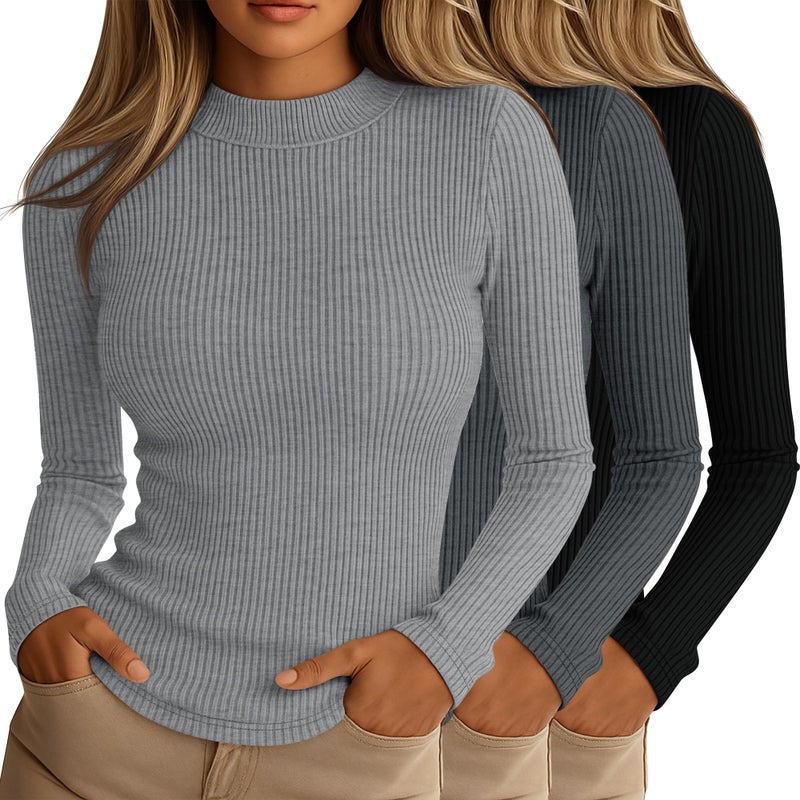 Riyiper 3 Pack Womens Ribbed Shirts Mock Turtleneck Long Sleeve Tops Slim Fitted Undershirts Casual Basic Layering TeesBlack Light Heather Gray Dark Heather GraySmall - Image 2