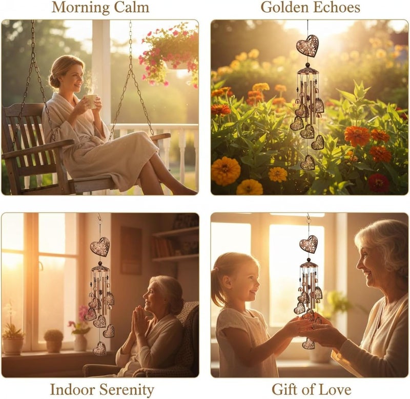 تصميم زهرة برونزية مجوفة، أجراس هواء على شكل قلوب معدنية للاستخدام في الهواء الطلق، طول الأجراس 35.4 بوصة (90 سم)، زينة للمنزل والحديقة، هدية للحب والبركات. - Image 3