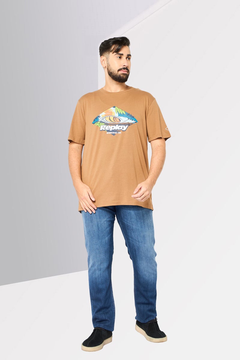 Replay Men Crew Neck Short Sleeve Graphic Print T-Shirt, Tan - Image 2