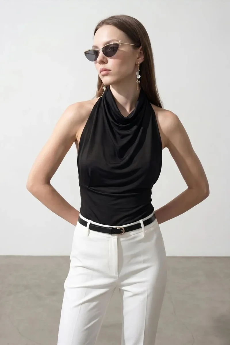 Dilvin DILVIN Fitted Sleeveless Cowl Neck Blouse