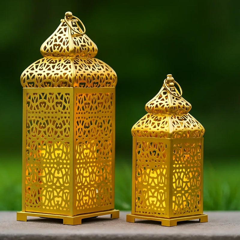 VELA LANTERNS Large Golden Temple Moroccan Lantern Lamp Decorative Candle Holders for Ramadan Decorations Hanging Outdoor Patio or Porch Indoor Home Decor Gold Set of 2