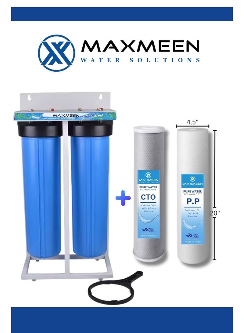 ماكسمين فلتر مياه مزدوج 20 بوصة جامبو – هيكل أزرق –  مدخل/مخرج 1" (إزالة الرواسب، الروائح وتحسين الطعم) – Maxmeen Water - Image 2