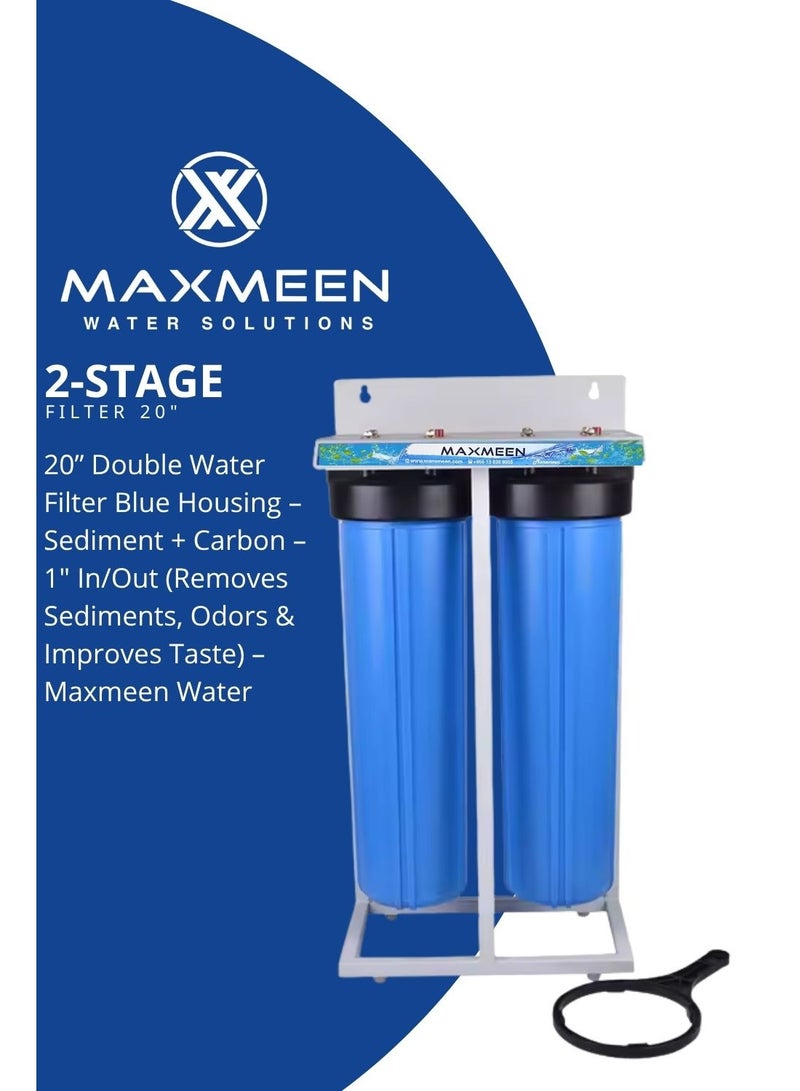 ماكسمين فلتر مياه مزدوج 20 بوصة جامبو – هيكل أزرق –  مدخل/مخرج 1" (إزالة الرواسب، الروائح وتحسين الطعم) – Maxmeen Water - Image 1