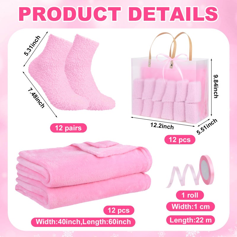 Chicingyou 36 Pcs Sleepover Party Supplies for Girls Including Warm Flannel Blanket Fuzzy Socks Ribbon and Gift Bag for Sleeping Slumber Spa Birthday Party Gift Favor(Pink) - Image 2