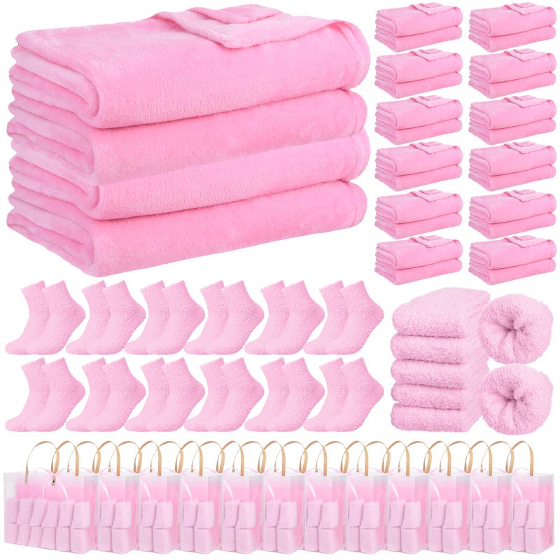 Chicingyou 36 Pcs Sleepover Party Supplies for Girls Including Warm Flannel Blanket Fuzzy Socks Ribbon and Gift Bag for Sleeping Slumber Spa Birthday Party Gift Favor(Pink) - Image 1