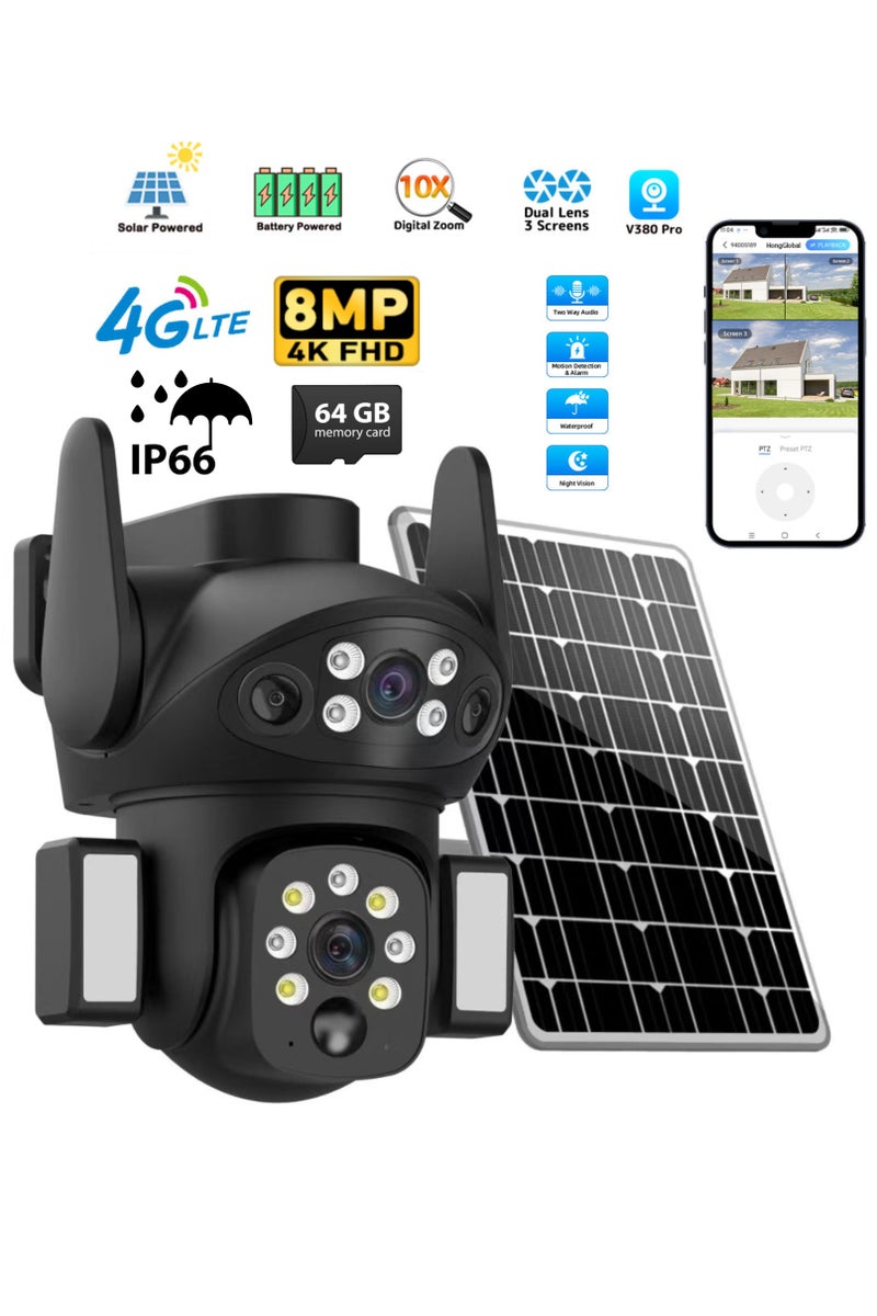 DIGI CORE 8MP Dual 4K FHD Lens Camera Outdoor Security Camera System For Home & Indoor-Outdoor IP Cameras With Different Modes 360 Wireless Camera With V380 Pro App Control (SIM Internet Working Only) Built-In Microphone And Speaker Human Detection Solar PTZ Security Cameras, 4G Network Supported Two Way Audio, Night Vision, Intelligent Solar Energy Alert PTZ Camera IP66 Waterproof Camera With 64GB SD Card - Image 1