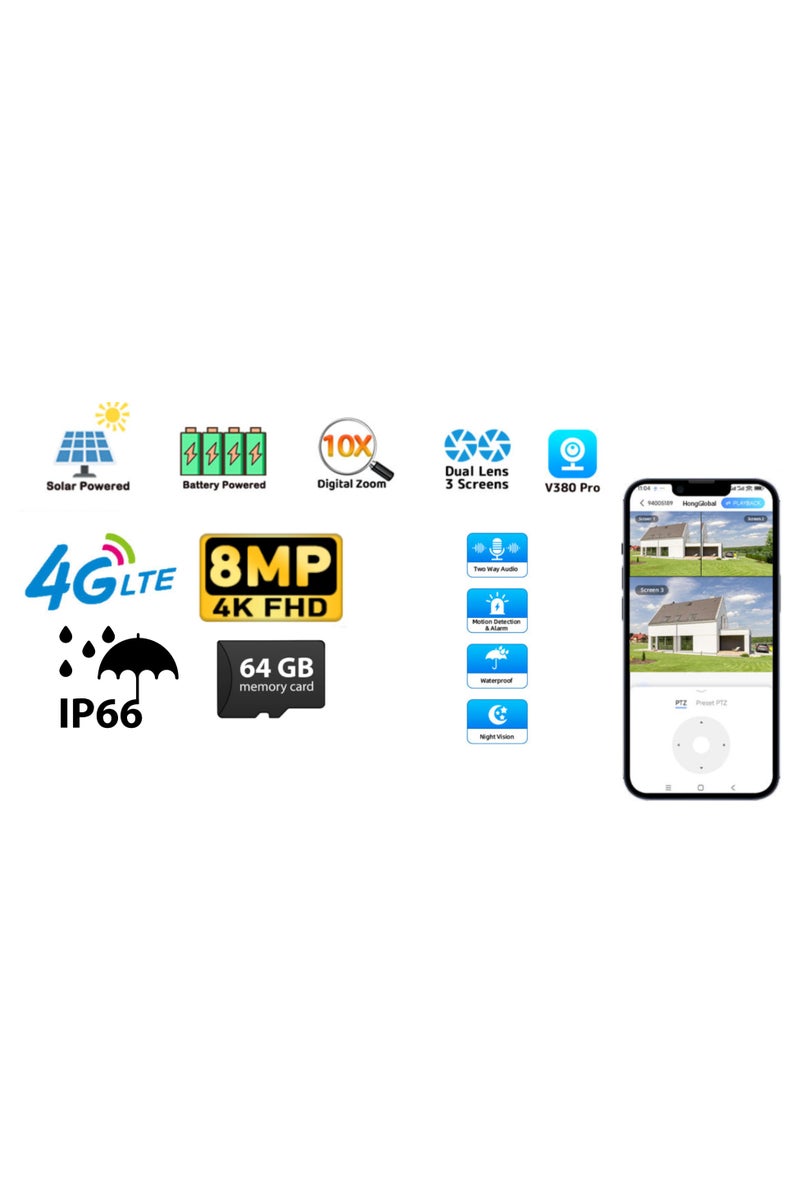 DIGI CORE 8MP Dual 4K FHD Lens Camera Outdoor Security Camera System For Home & Indoor-Outdoor IP Cameras With Different Modes 360 Wireless Camera With V380 Pro App Control (SIM Internet Working Only) Built-In Microphone And Speaker Human Detection Solar PTZ Security Cameras, 4G Network Supported Two Way Audio, Night Vision, Intelligent Solar Energy Alert PTZ Camera IP66 Waterproof Camera With 64GB SD Card - Image 3