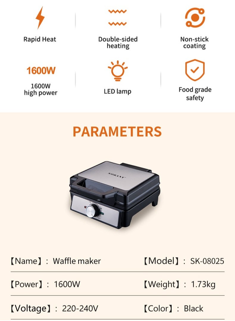 صانعة الوافل الألمانية 2 لوح كبير من مادة PTFE غير لاصقة بقدرة 1600 وات وتحكم في درجة الحرارة قابل للتعديل SK-08025 أسود