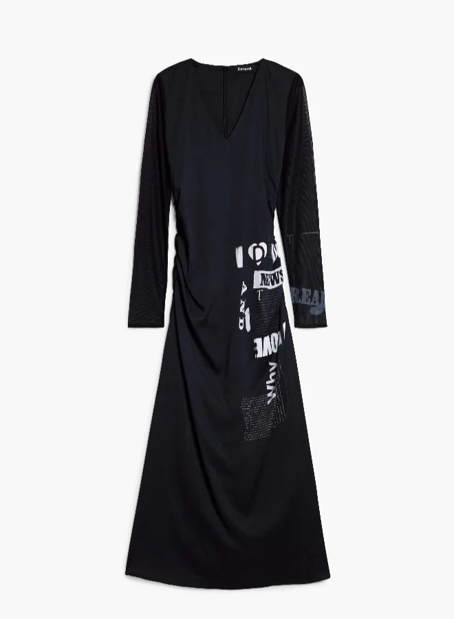 DESIGUAL black Ruched Newspaper Dress for Women | Best Price UAE