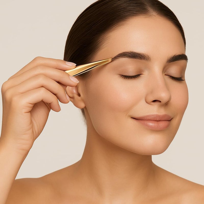 Professional Stainless Steel Eyebrow Tweezers â€“ Precision Slant Tip Hair Removal Tool for Women & Men, Glossy Finish, Facial Hair & Ingrown Hair Plucker, Salon-Quality Grooming (Gold) - Image 3