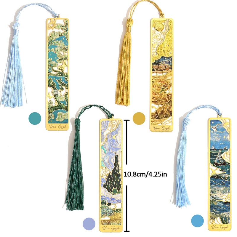 emmoolife 4 Pieces Metal Bookmarks with Tassel, Golden Hollow Bookmark Oil Painting Theme Book Mark Bookmarks for Book Lovers Writers Readers Children Teens for Women Adults Teen - Image 2