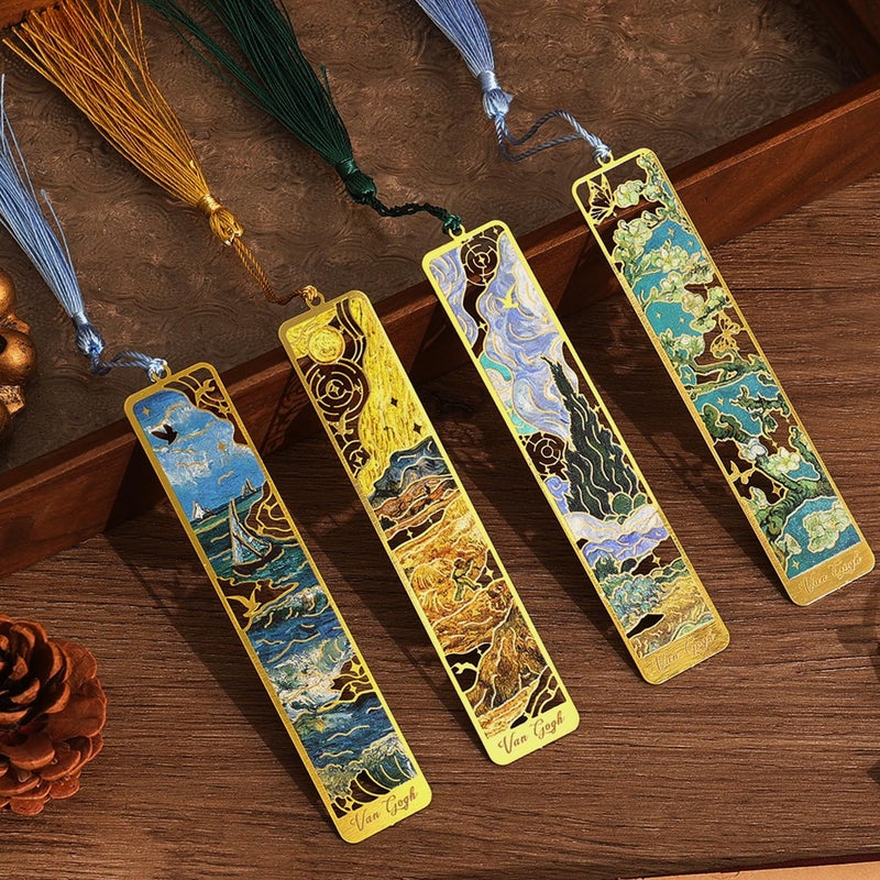 emmoolife 4 Pieces Metal Bookmarks with Tassel, Golden Hollow Bookmark Oil Painting Theme Book Mark Bookmarks for Book Lovers Writers Readers Children Teens for Women Adults Teen - Image 1