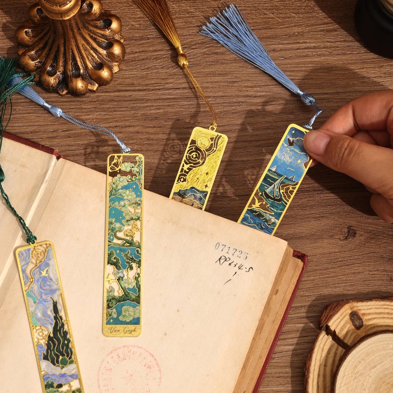 emmoolife 4 Pieces Metal Bookmarks with Tassel, Golden Hollow Bookmark Oil Painting Theme Book Mark Bookmarks for Book Lovers Writers Readers Children Teens for Women Adults Teen - Image 4