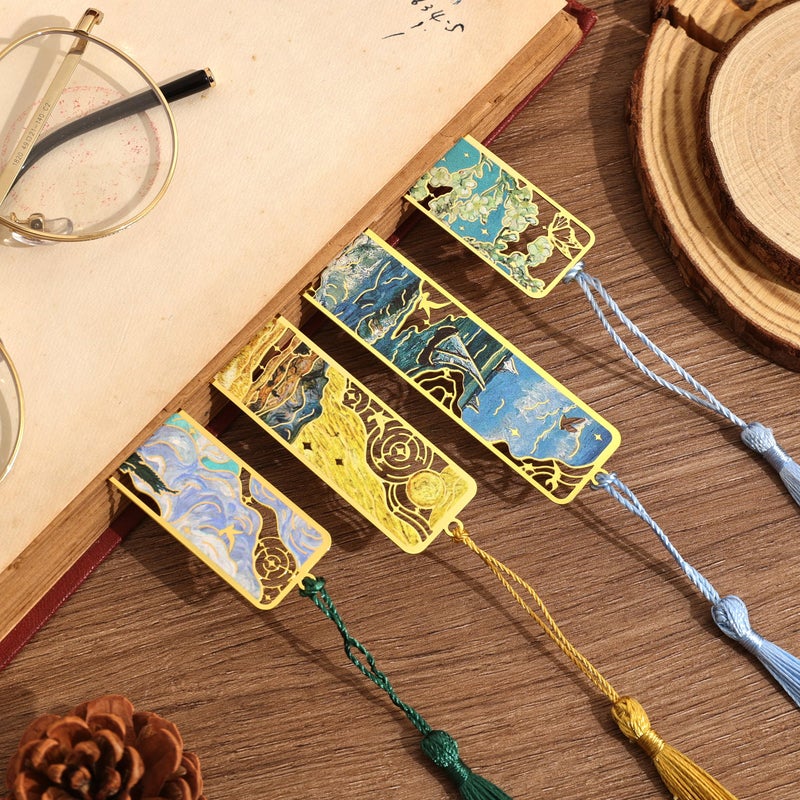 emmoolife 4 Pieces Metal Bookmarks with Tassel, Golden Hollow Bookmark Oil Painting Theme Book Mark Bookmarks for Book Lovers Writers Readers Children Teens for Women Adults Teen - Image 5