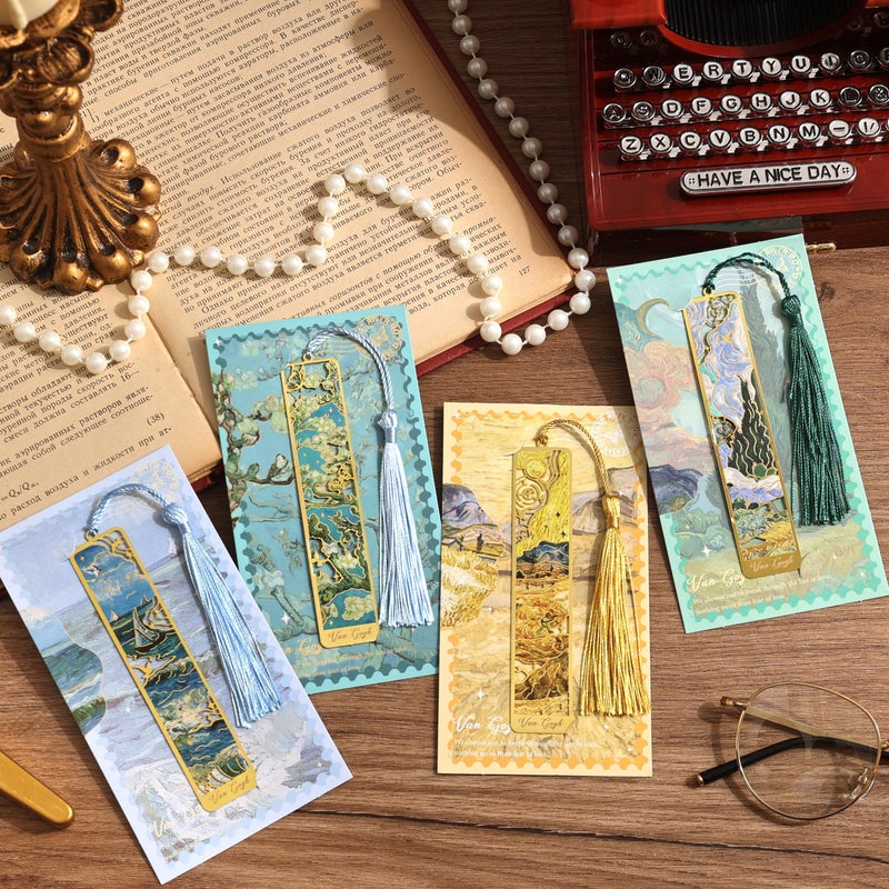 emmoolife 4 Pieces Metal Bookmarks with Tassel, Golden Hollow Bookmark Oil Painting Theme Book Mark Bookmarks for Book Lovers Writers Readers Children Teens for Women Adults Teen - Image 3