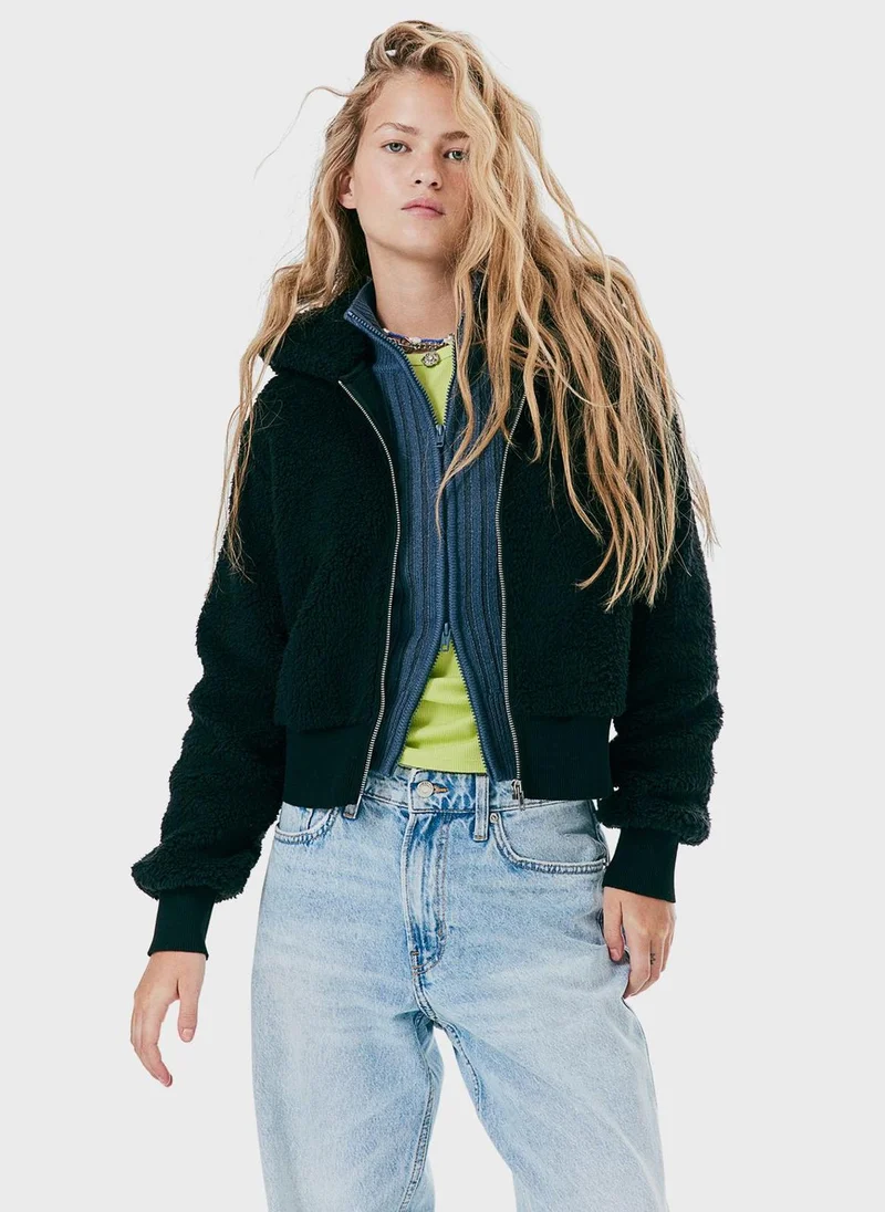 H&M Zip Fur Detail Hoodie
