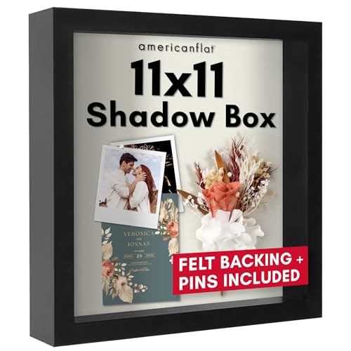 Americanflat 11x11 Shadow Box Frame in Black with Soft Linen Back - Composite Wood with Polished Glass for Wall and Tabletop - Image 1