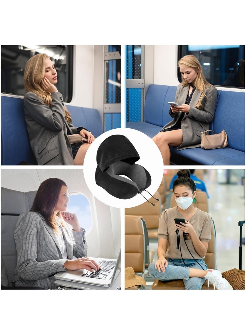 Healife Travel Pillow, Neck Pillow for Travel with Hood for Airplane, Velvet Memory Foam Neck Pillow Adult Head & Neck Support, for Long Flights Plane, Office, Cars Sleeping & Rest (Black) - Image 4