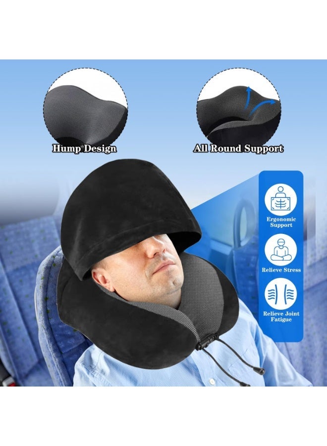 Healife Travel Pillow, Neck Pillow for Travel with Hood for Airplane, Velvet Memory Foam Neck Pillow Adult Head & Neck Support, for Long Flights Plane, Office, Cars Sleeping & Rest (Black) - Image 2