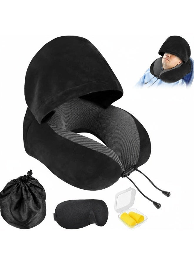 Healife Travel Pillow, Neck Pillow for Travel with Hood for Airplane, Velvet Memory Foam Neck Pillow Adult Head & Neck Support, for Long Flights Plane, Office, Cars Sleeping & Rest (Black) - Image 1