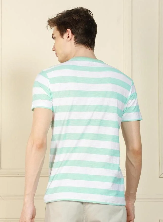 Dennis Lingo Men Green Striped Henley Neck T-Shirt