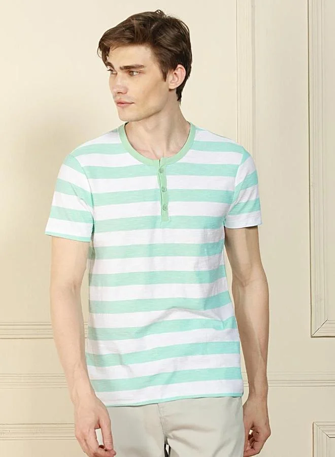 Dennis Lingo Men Green Striped Henley Neck T-Shirt