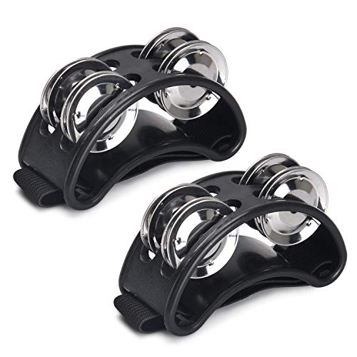 Facmogu 2PCS Foot Tambourine Percussion, Musical Instrument Percussion Pedal with Steel Jingle Bells for Drum & Guitar Playing, Foot Percussion Shakers with Elastic Strap for Adults - Black - Image 1