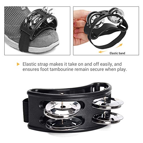 Facmogu 2PCS Foot Tambourine Percussion, Musical Instrument Percussion Pedal with Steel Jingle Bells for Drum & Guitar Playing, Foot Percussion Shakers with Elastic Strap for Adults - Black - Image 4