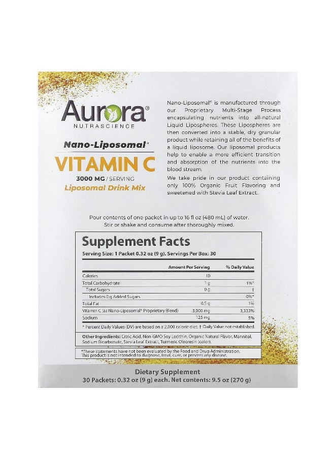 Aurora Nutrascience - Aurora Nutrascience, Nano-Liposomal® Vitamin C, 3,000 mg, 30 Packets, 0.32 oz (9 g) Each - Image 1