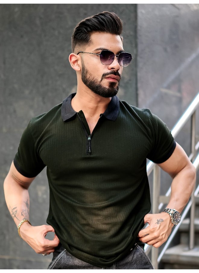 Maniac Mens Half Zip Polo Neck Solid Half Sleeve Olive and Black Cotton Slim Fit T-Shirt  - Image 4
