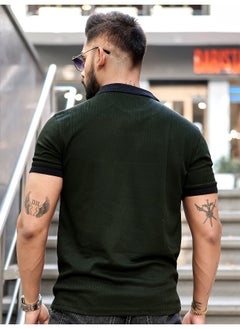 Maniac Mens Half Zip Polo Neck Solid Half Sleeve Olive and Black Cotton Slim Fit T-Shirt  - Image 3