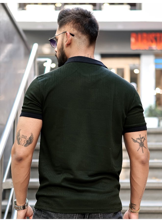 Maniac Mens Half Zip Polo Neck Solid Half Sleeve Olive and Black Cotton Slim Fit T-Shirt  - Image 3