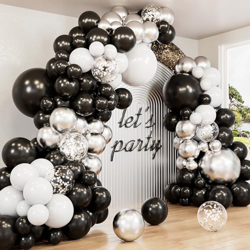 Haolongfa Black and Silver Balloons Garland Arch Kit135 Pcs Graduation Balloons KitMetallic Silver Black White and Confetti Balloons for Graduation DecorBirthdayRetirementWedding Anniversary Supplie - Image 1