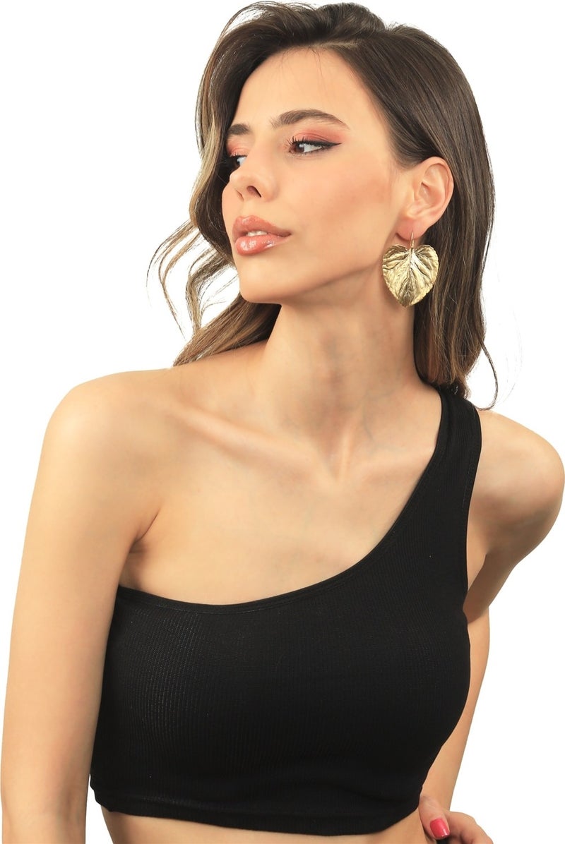 Labalaba Women's Matte Gold Plated Slip-On Model Leaf Earrings - Image 3
