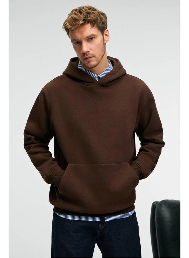 Grimelange AMOS Men's Soft-Fabric 3-Ply Oversized Hooded Kangaroo Pocket Dark Coffee Sweatshirt.