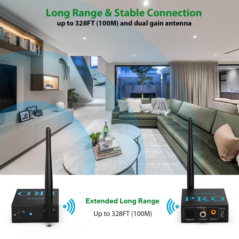 1Mii 2.4GHz Wireless Audio Transmitter and Receiver (1 TX+1 RX), HiFi Audio, 20ms Low Latency, 328ft Long Range Wireless Kit for Speaker/Stereo/Soundbar, Optical/Coaxial/3.5mm(RCA) Ports - Image 4