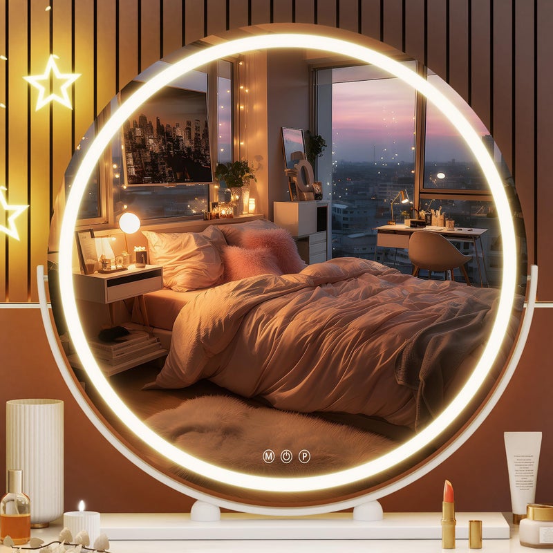 Hasipu Vanity Mirror with Lights 236 LED Large Makeup Mirror Lighted Makeup Mirror with Lights Smart Touch Control 3 Colors Dimmable Round Mirror 360Rotation White