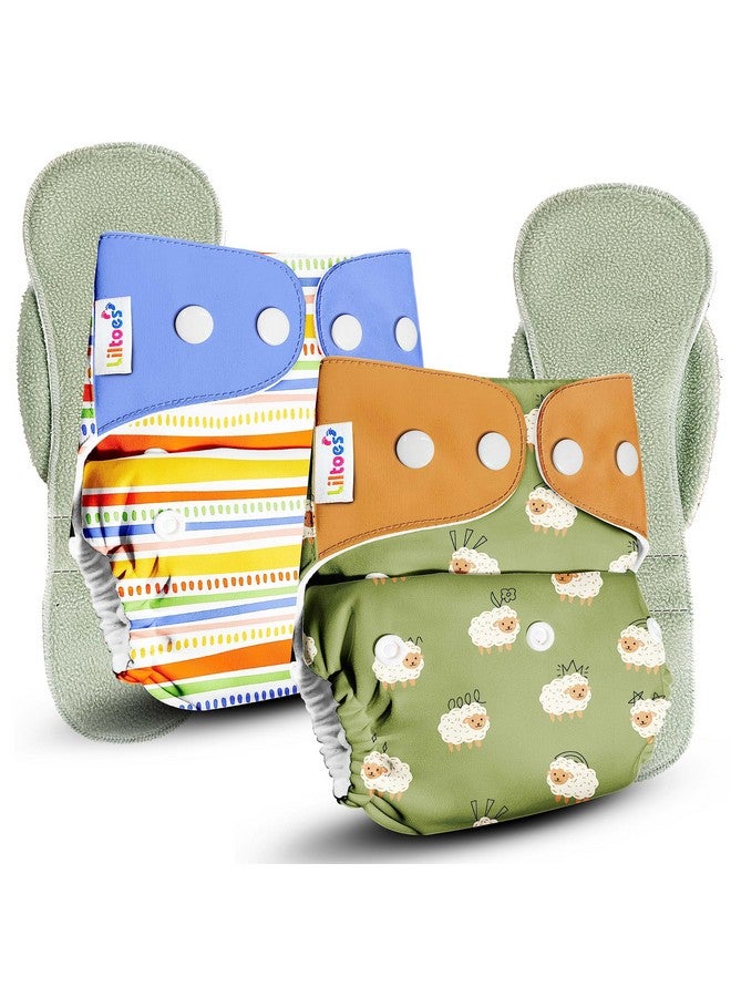 Liltoes Cloth Diapers For New Born Babies 0 To 3 Years | Freesize Adjustable And Reusable | Premium Cloth Nappies Pack Of 2 (2 Cloth Diapers + 2 Inserts) | Jazzy Lines + Nerdy Sheep - Image 1