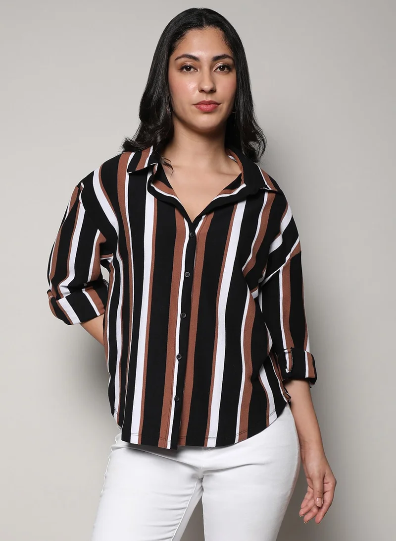 Campus Sutra Campus Sutra Women's Midnight Black & Mocha Brown Striped Boxy Shirt For Casual Wear | Spread Collar | Long Sleeve | Button Closure | Shirt Crafted With Comfort Fit For Everyday Wear