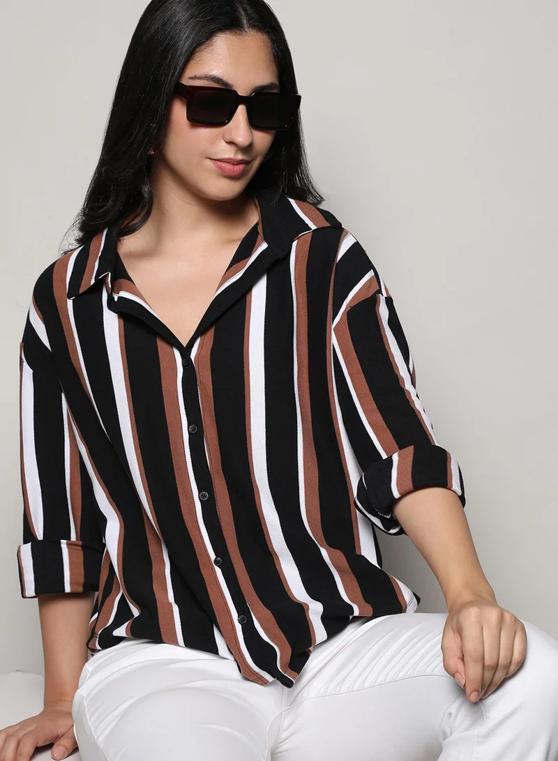 Campus Sutra Campus Sutra Women's Midnight Black & Mocha Brown Striped Boxy Shirt For Casual Wear | Spread Collar | Long Sleeve | Button Closure | Shirt Crafted With Comfort Fit For Everyday Wear